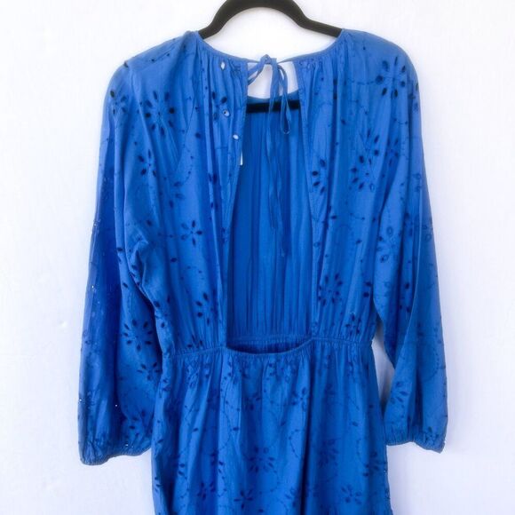 NWT H&M Blue Embroidered Eyelet Lace Long Puff Sleeve Open Back Midi Dress - Picture 10 of 14